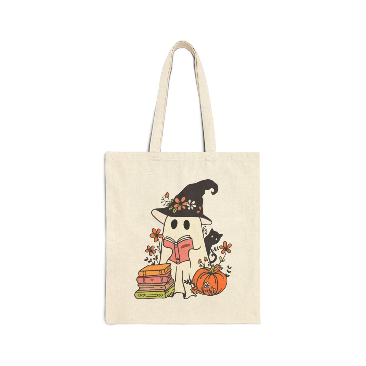 Pumpkins and Pages Tote – Cozy Witchy Cat Ghost Book Lover Bag