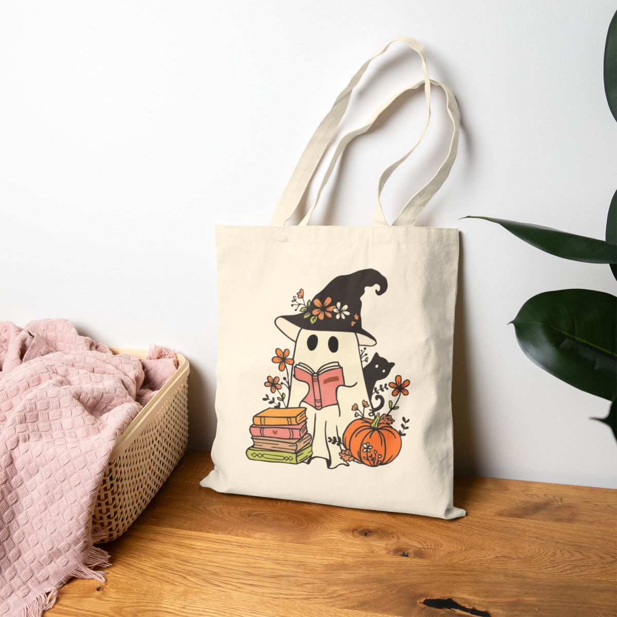 Pumpkins and Pages Tote – Cozy Witchy Cat Ghost Book Lover Bag