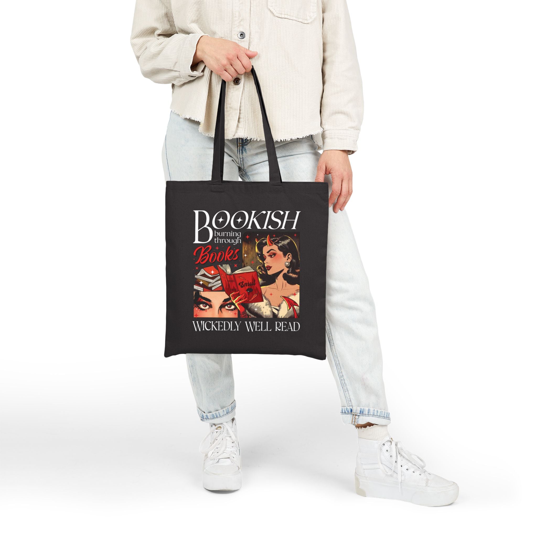 “Wickedly Well Read” Retro Bookish Tote Bag-zoom-3