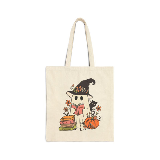 Pumpkins and Pages Tote – Cozy Witchy Cat Ghost Book Lover Bag