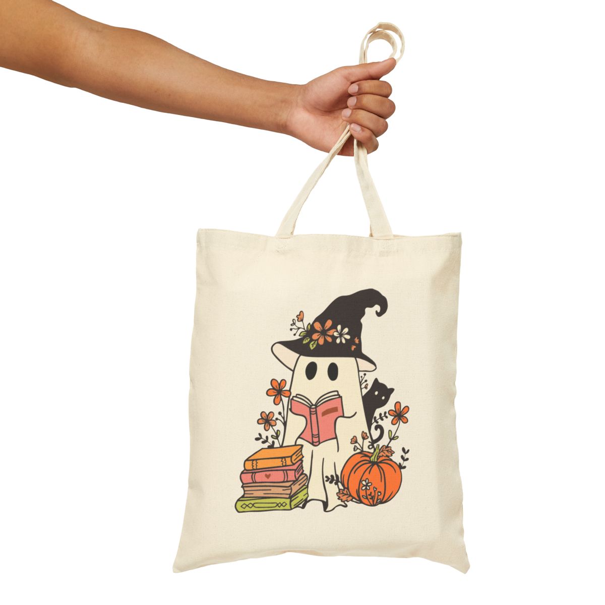 Pumpkins and Pages Tote – Cozy Witchy Cat Ghost Book Lover Bag